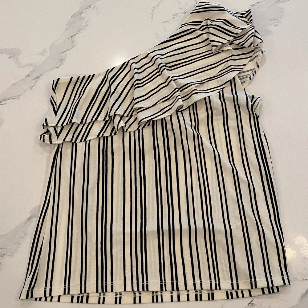 No tag - Zara - One Sleeve, Swoop Neck, Cream/Black Striped, Ruffle Top - Size L